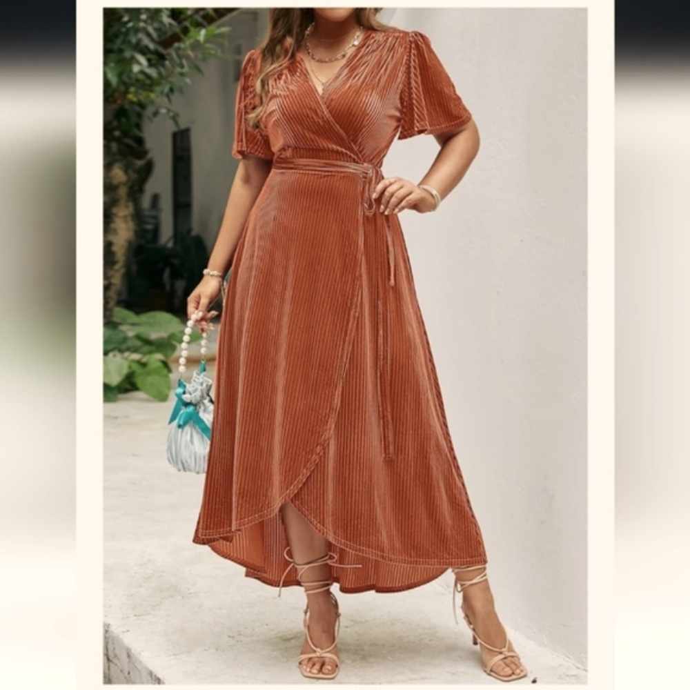 SIMPLEE flutter-sleeve burnt orange maxi dress